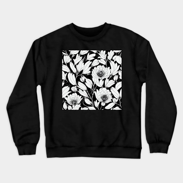 Black and White Vintage Floral Cottagecore Romantic Flower Peony Rose Leaf Design Crewneck Sweatshirt by VintageFlorals